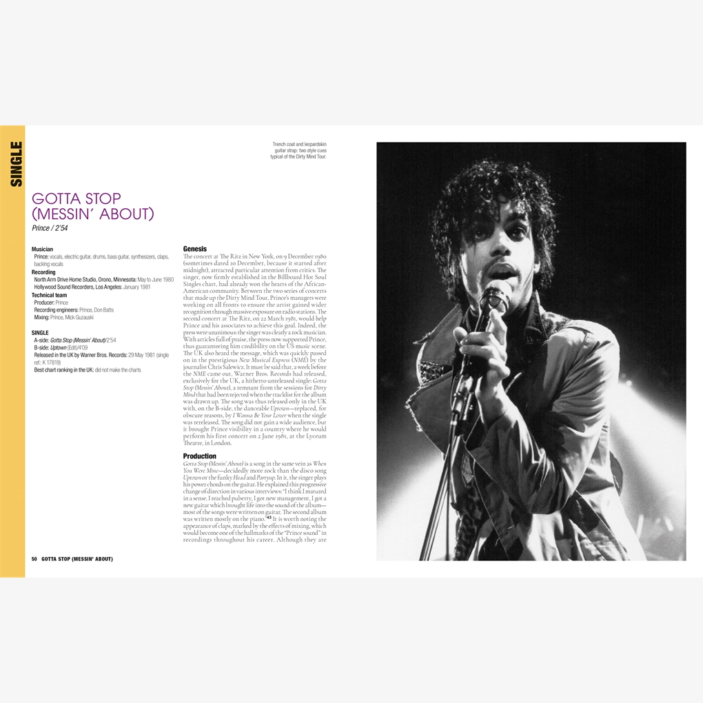 An interior spread, with photography of Prince